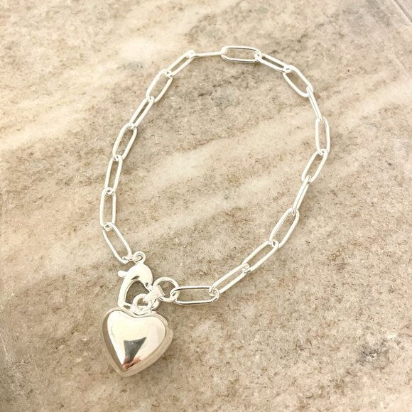 Sterling Silver Heart Pendant Bracelet Paperclip Link Bracelet Modern Bracelet - Picture 2 of 3